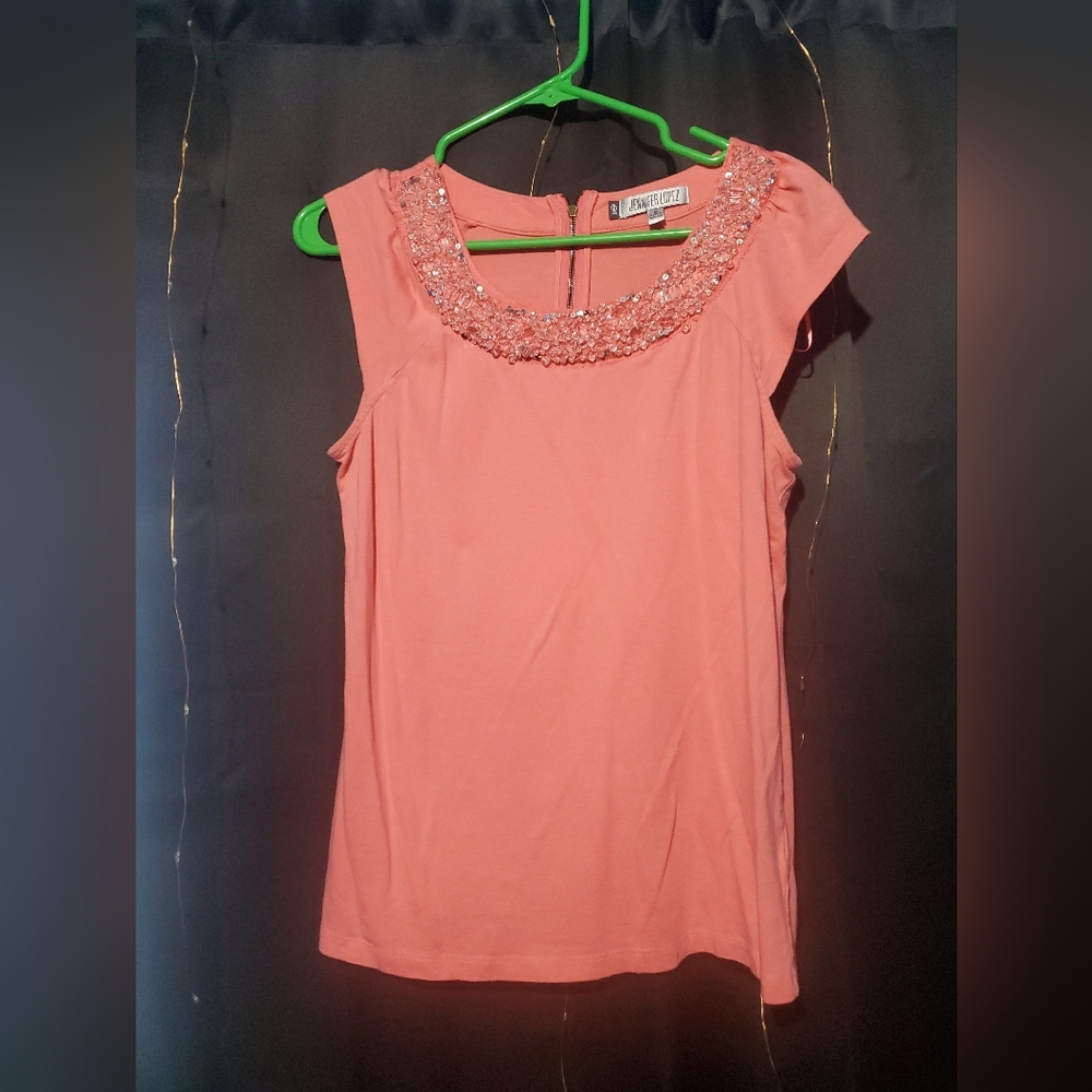 Jennifer Lopez coral pink shirt, size Medium.